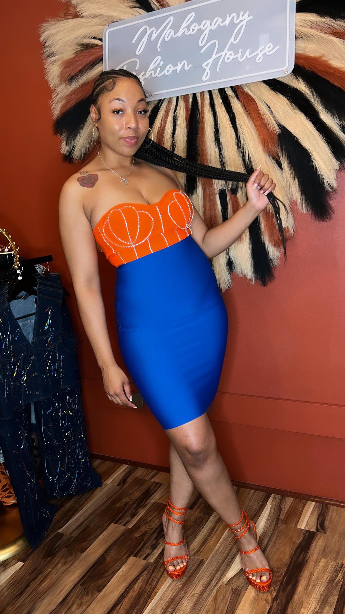 ORANGE & BLUE OFF THE SHOULDER RHINESTONE DRESS