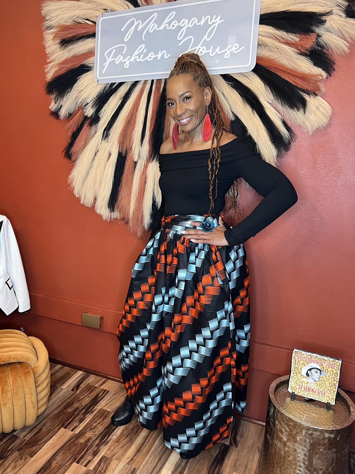 African Red & Teal Square Print Pants