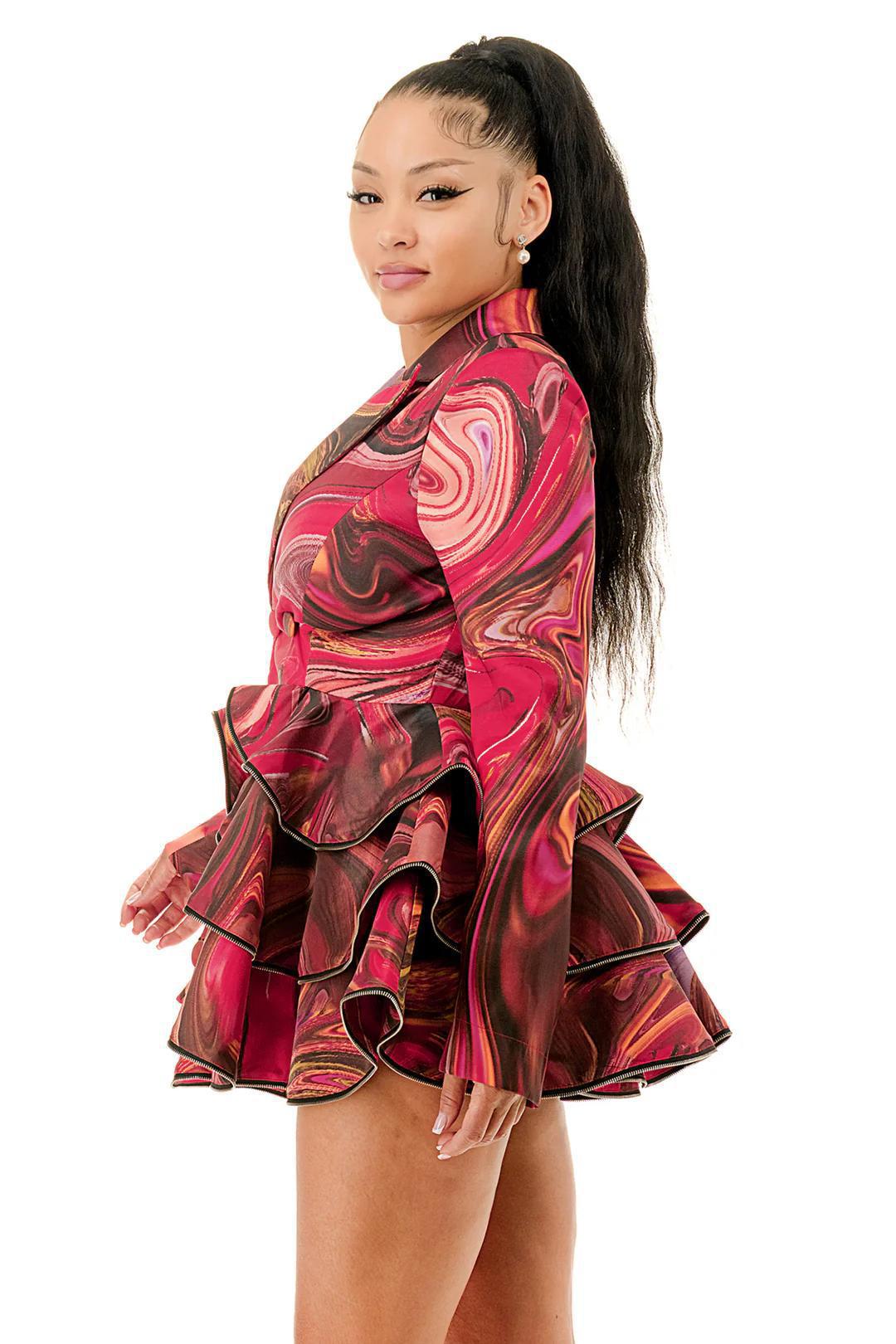 RED RUFFLE ZIPPER HEM BLAZER DRESS