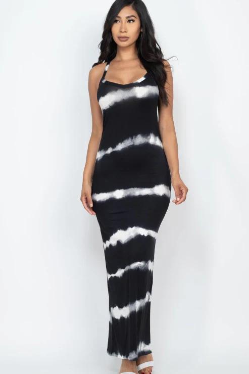 STRIPE BLK TIE-DYE MAXI DRESS