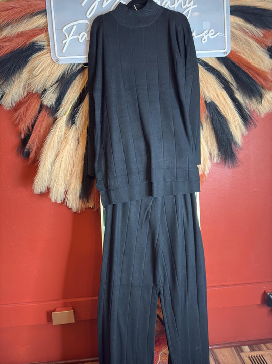 Blk RIbbed 2Pc Sweater & Wide Leg Knit Pant