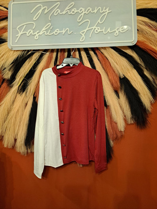 Maroon/white button top