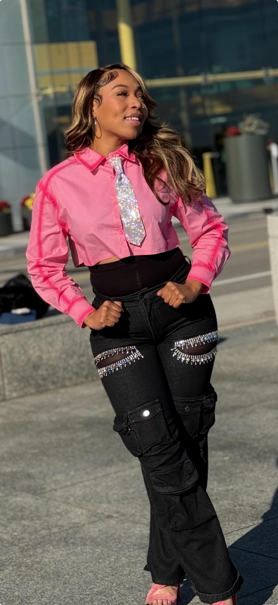 Rhinestones Cutout Cargo Pants Blk