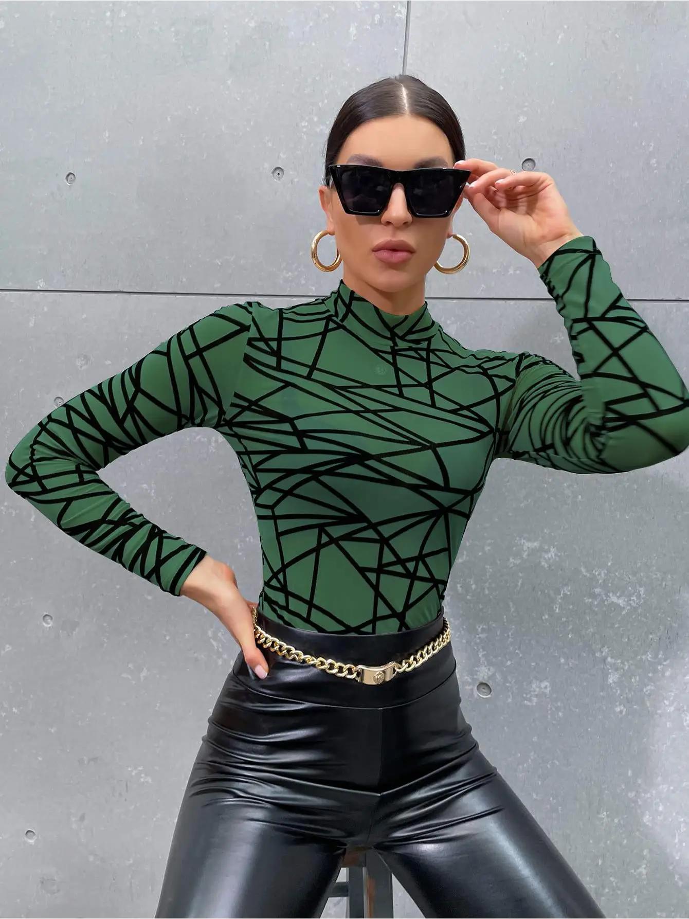 GEO PRINT GRN MESH TOP