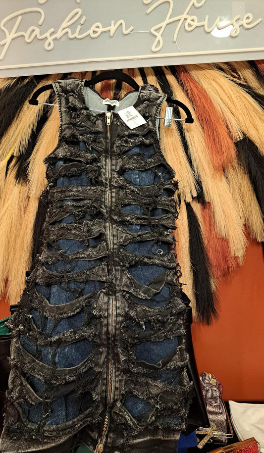 SLEEVLESS FRAYED DRESS