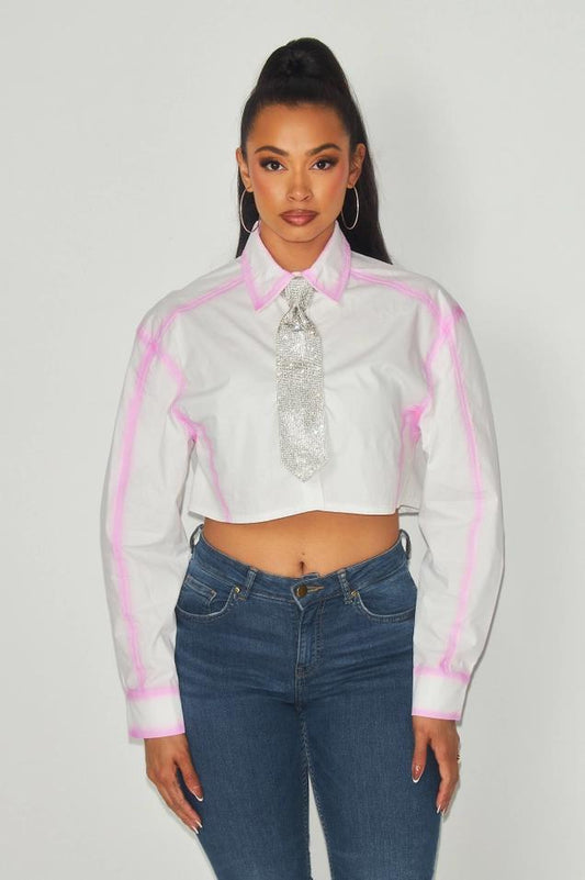 White & Pink Top w Rhinestone Tie