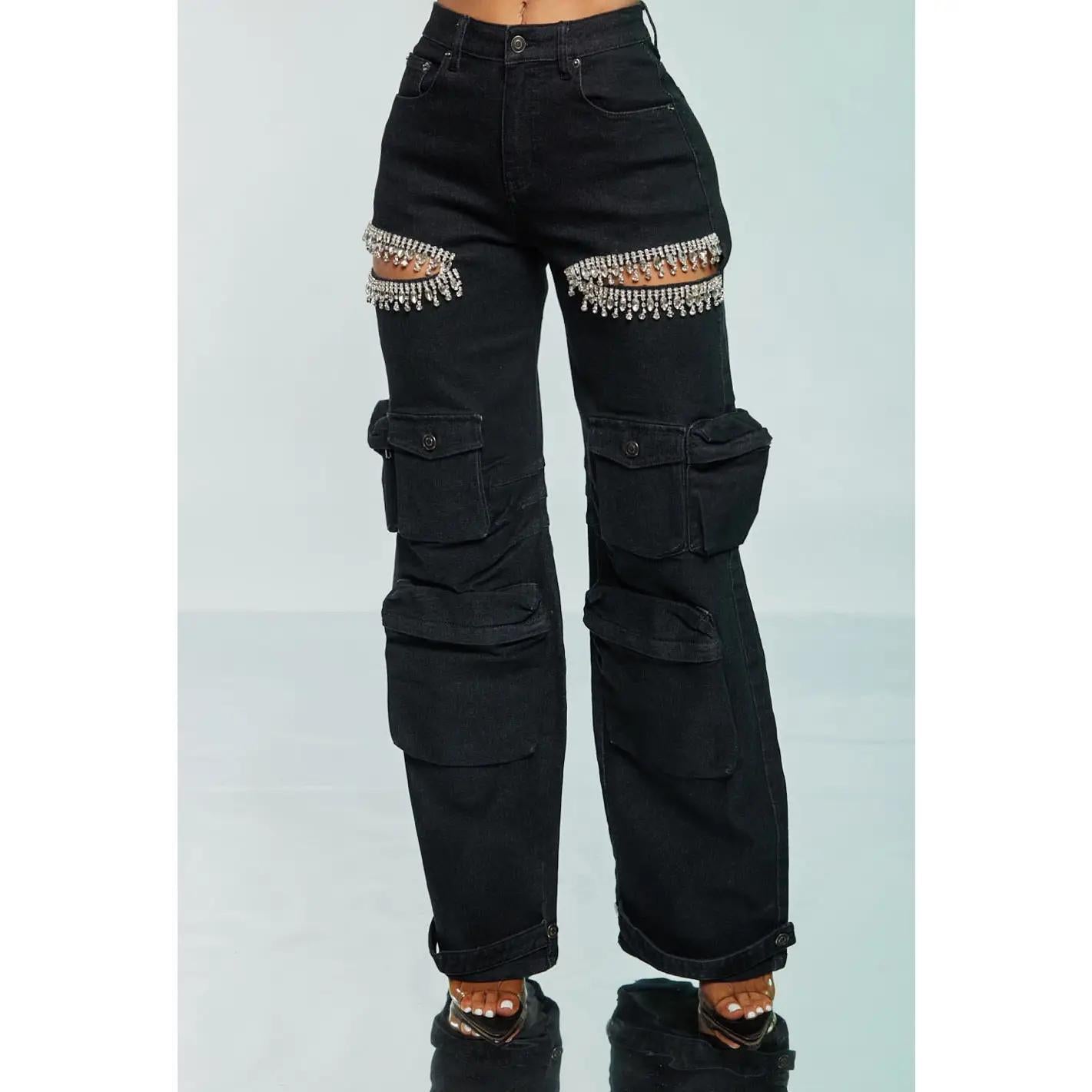 Rhinestones Cutout Cargo Pants Blk