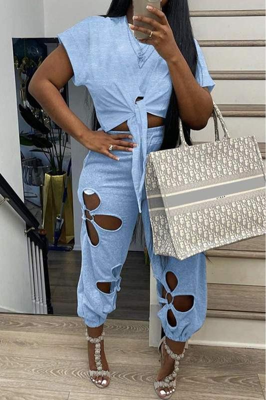 Blue Floral Cutout Pants Set