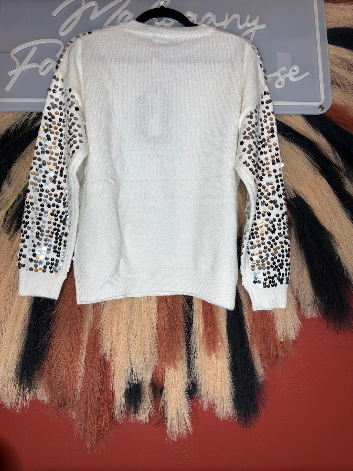 Wht Sequin Crew Neck Sweater