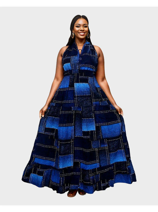 LONG SMOCKED DRESS with SCARF BLUE & BLACK