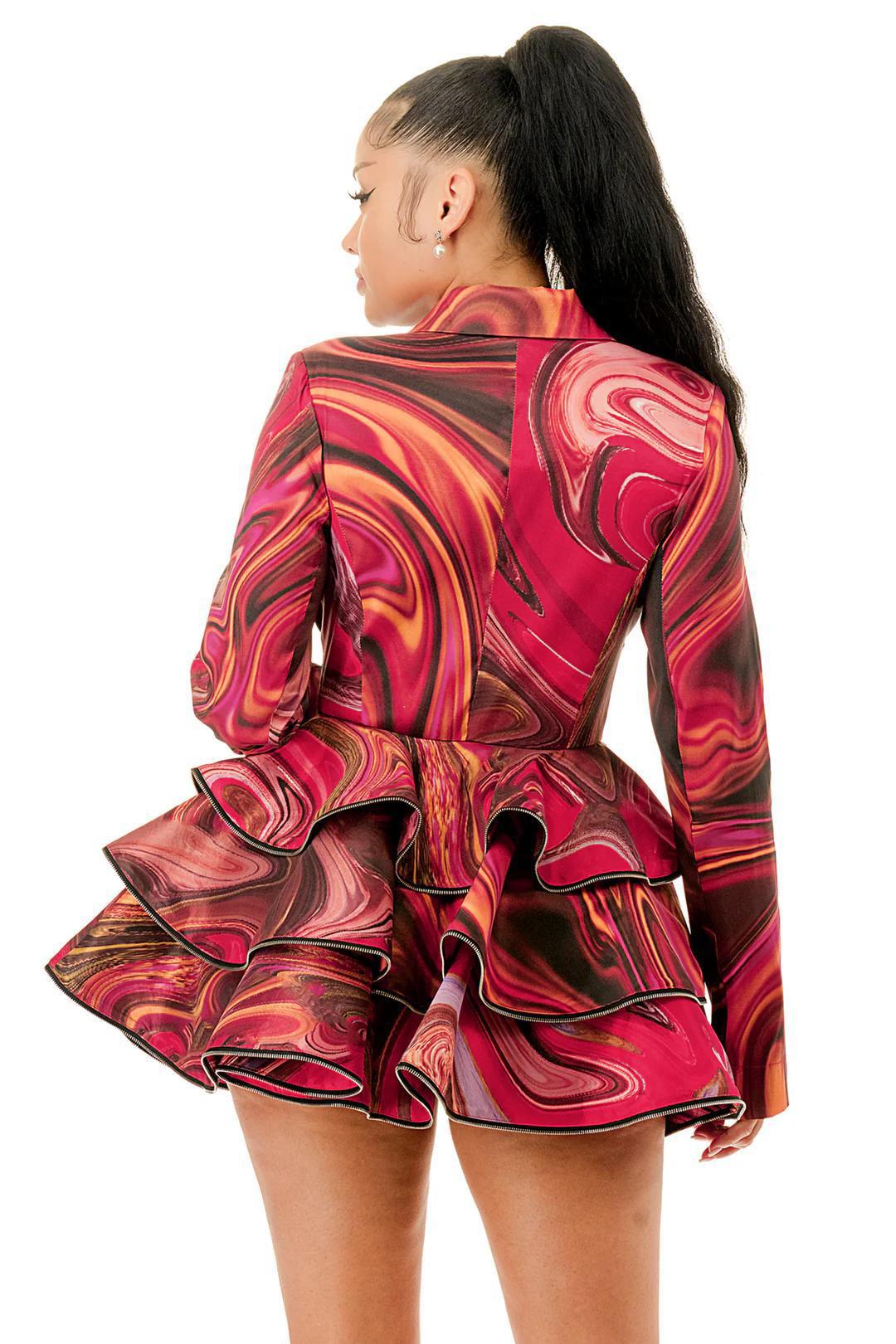 RED RUFFLE ZIPPER HEM BLAZER DRESS