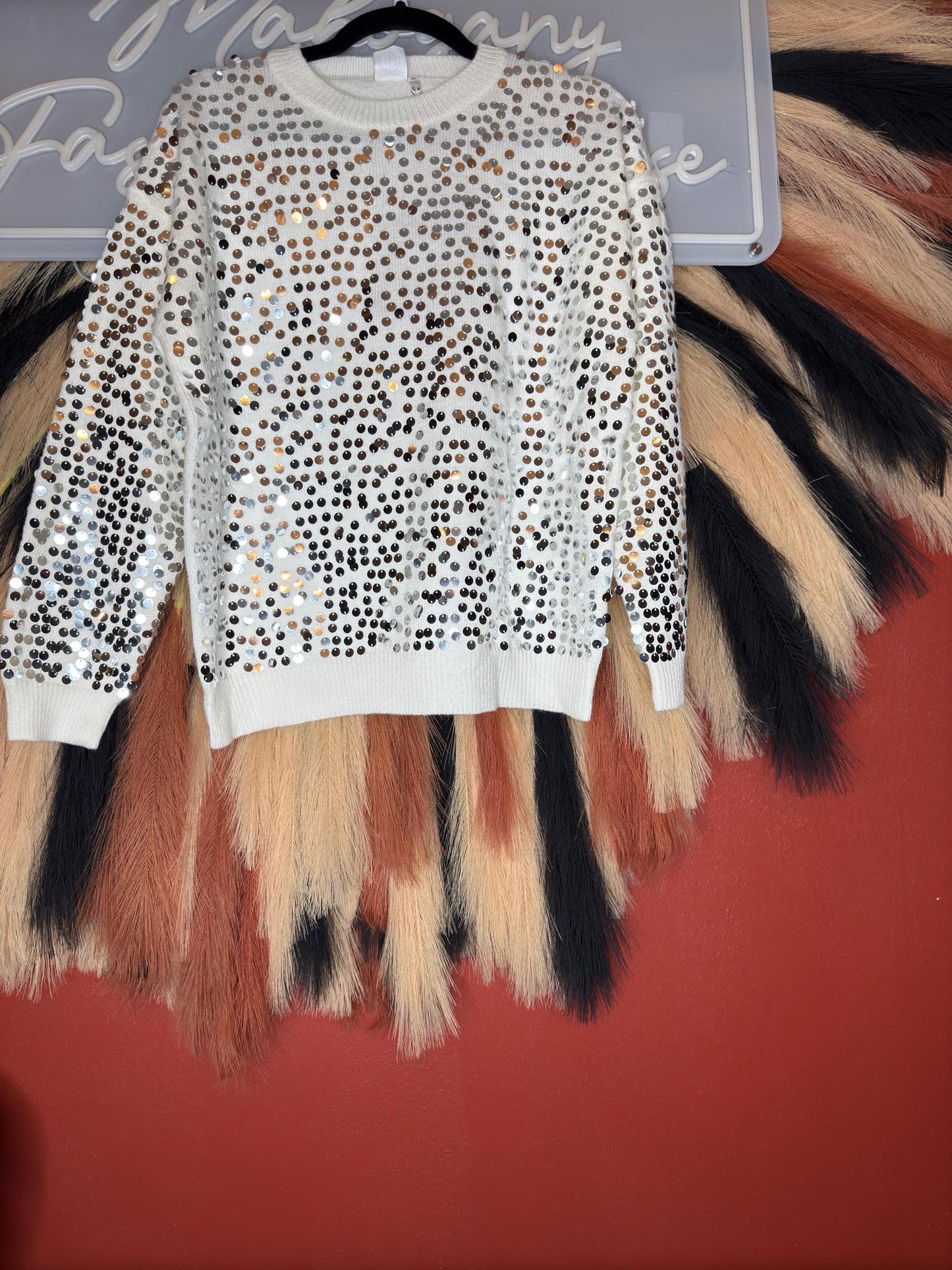 Wht Sequin Crew Neck Sweater