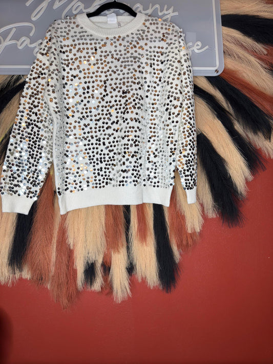 Wht Sequin Crew Neck Sweater