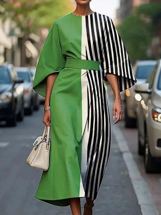 A-LINE STRIPPED MIDI DRESS