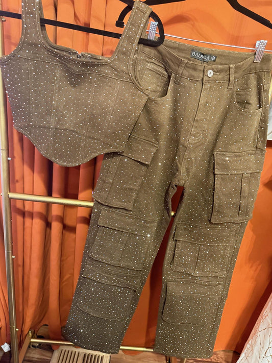 Glam Cargo Jean Set Brown