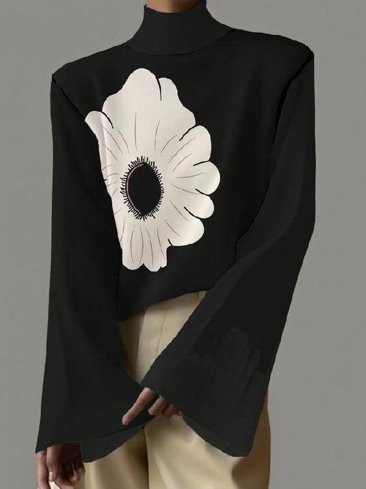 Flared Flower Print High-Neck Top
