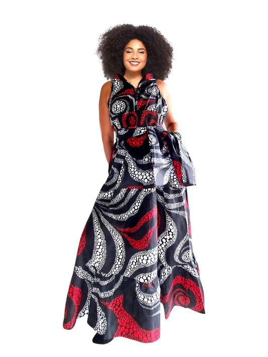 LONG HALTER DRESS RED/WHITE/BLK