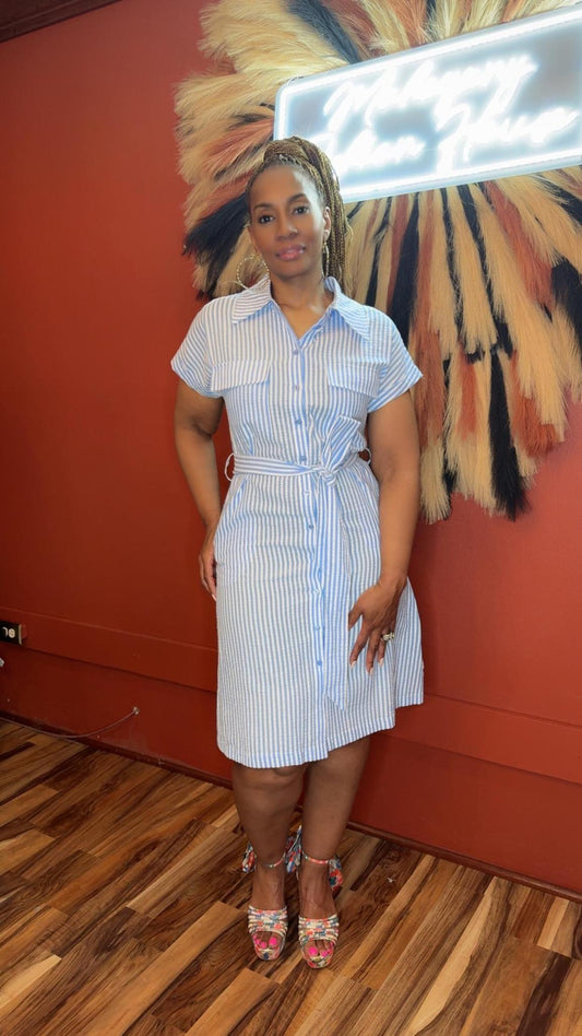 BLUE/WHITE BELTED DRESS